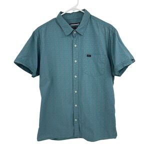 RVCA Mens Relaxed Fit Short Sleeve Button Down Shirt Teal Blue Print Size M